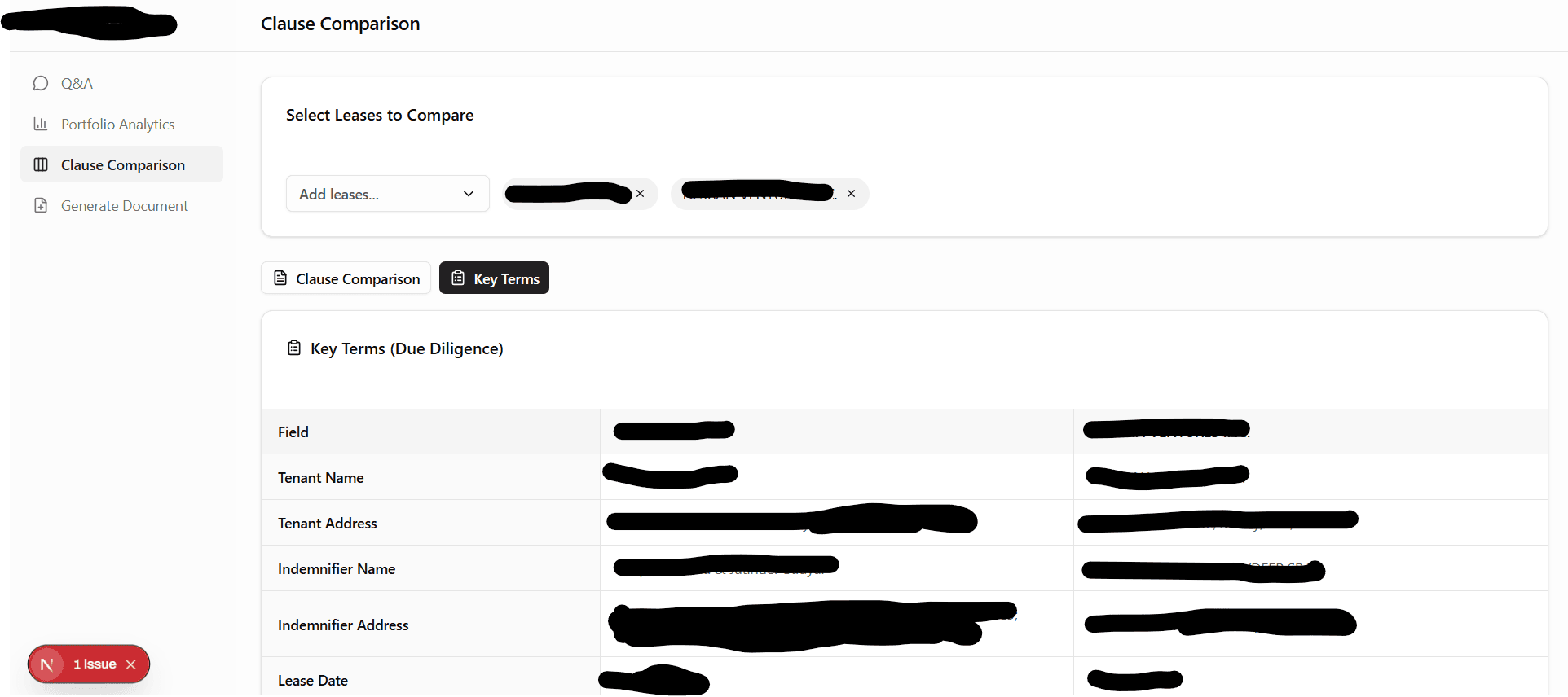 Clause Comparison interface